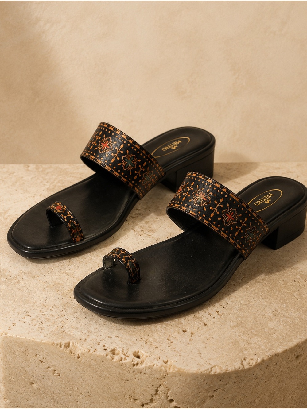 Metro Black Leather Toe-Ring Mules with Floral Accents